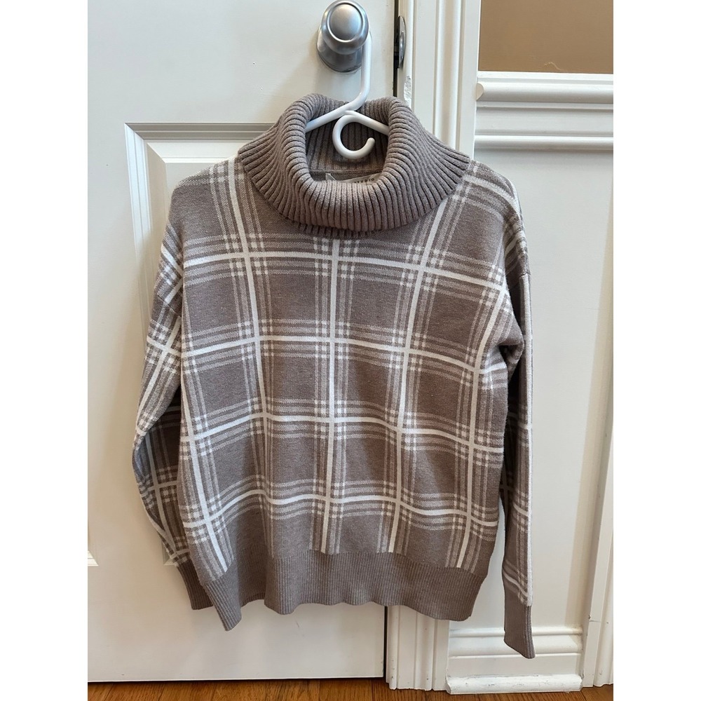 Women's Max Studio Cowl Neck Plaid Christmas Sweater Beige size small S